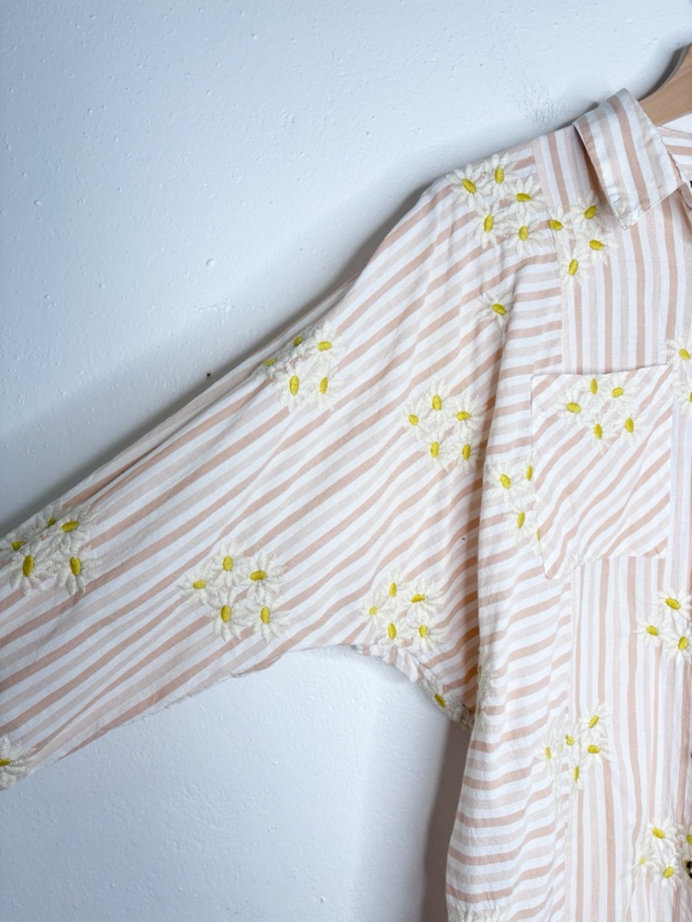 BDG Pink Ivory Stripped Oversized Button Down With Embroidered Daisies Size XS - Picture 3 of 9